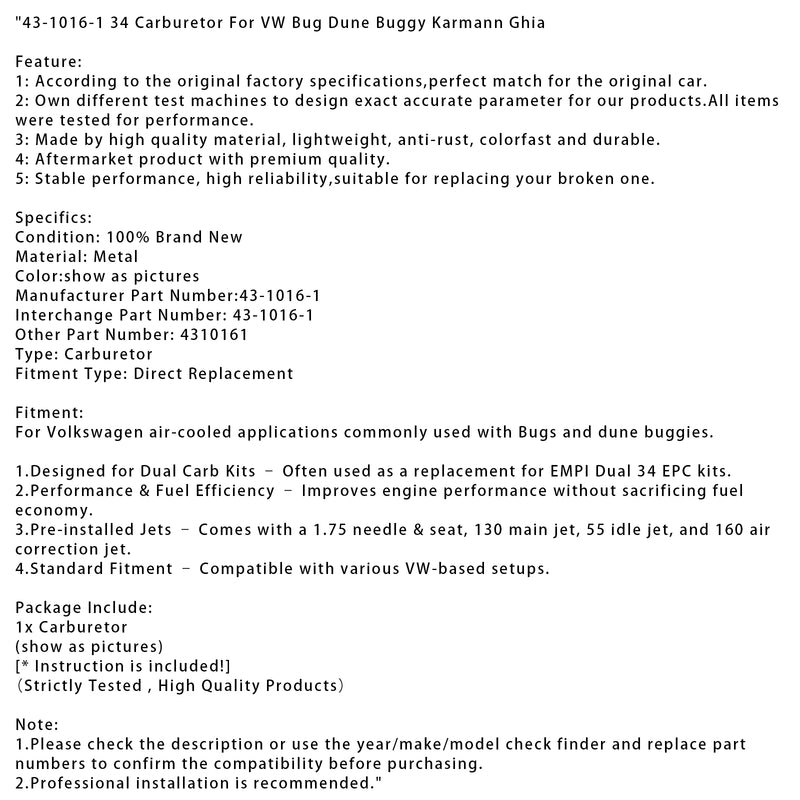 43-1016-1 34 Carburetor For VW Bug Dune Buggy Karmann Ghia