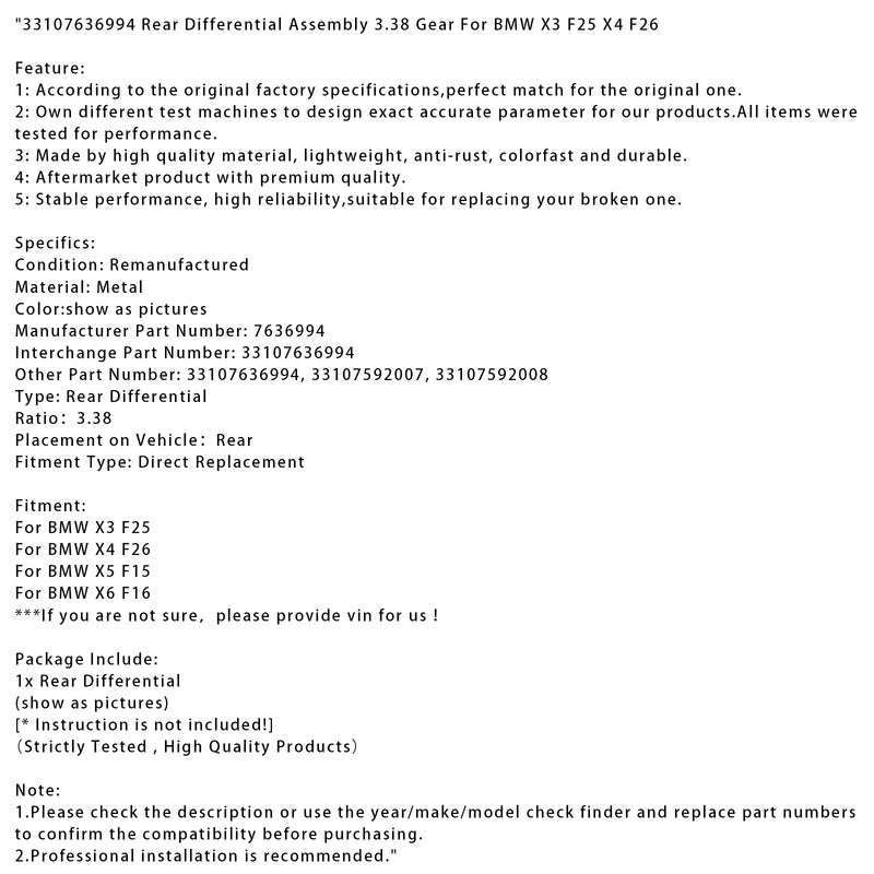 33107636994 Rear Differential Assembly 3.38 Gear For BMW X3 F25 X4 F26