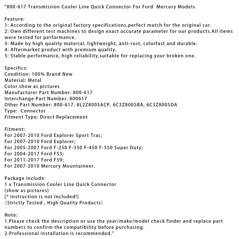 800-617 Transmission Cooler Line Quick Connector For Ford  Mercury Models