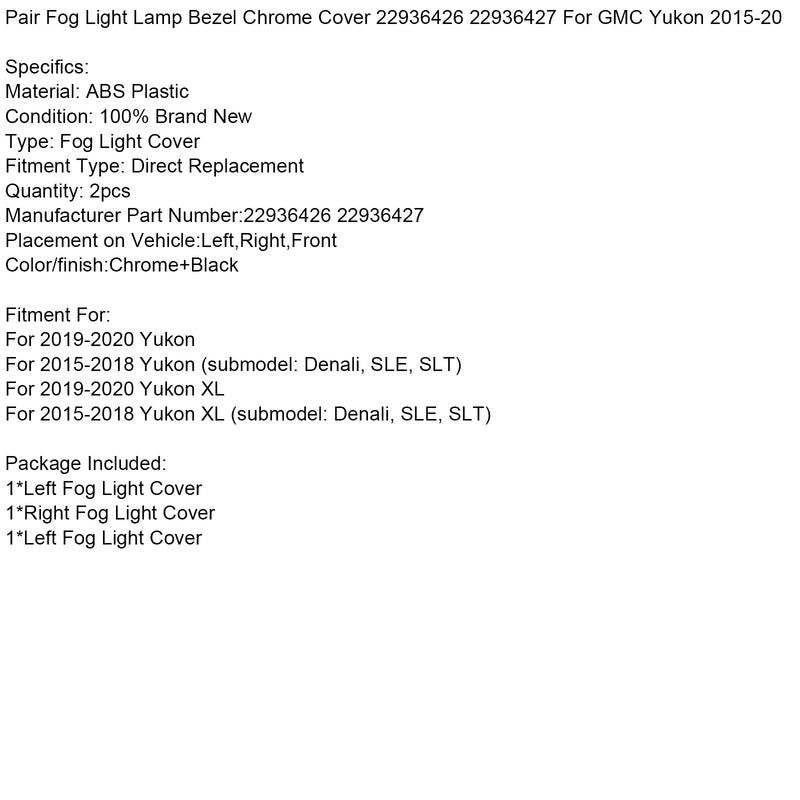 Pair Fog Light Lamp Bezel Chrome Cover 22936426 22936427 For GMC Yukon 2015-20