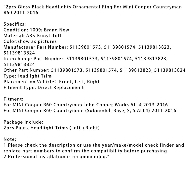2pcs Gloss Black Headlights Ornamental Ring For Mini Cooper Countryman R60