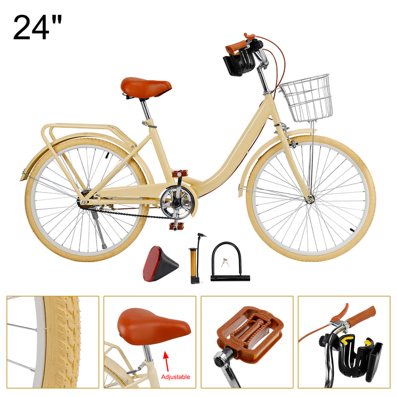 24 inch Women City Bicycle Beach Cruiser Bike with Basket & Rack Yellow