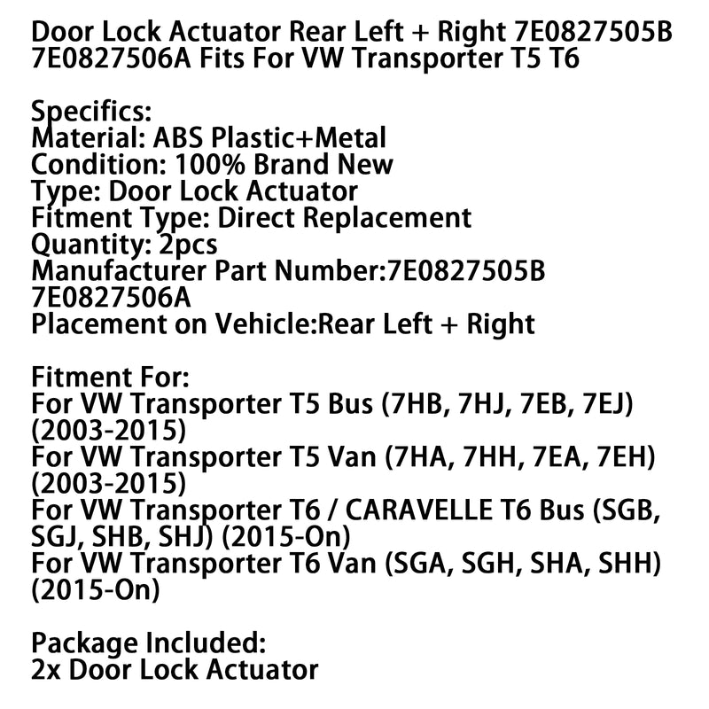 2X Rear Door Lock Actuator 7E0827505B 7E0827506A Fits For VW Transporter T5 T6