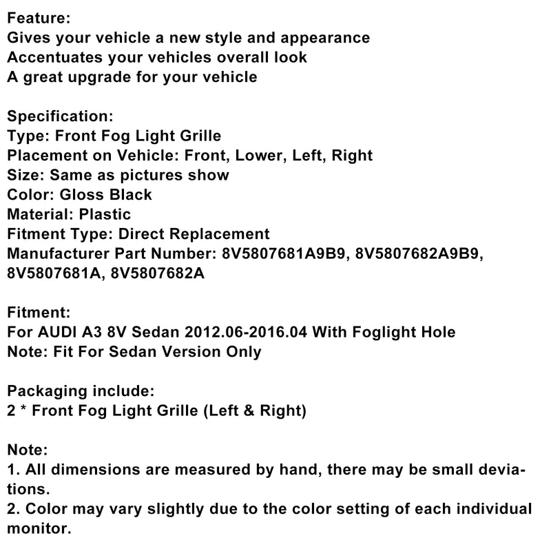 Gloss Black Front Fog Light Grill Covers Fit Audi A3 8V Sedan 2013-2016