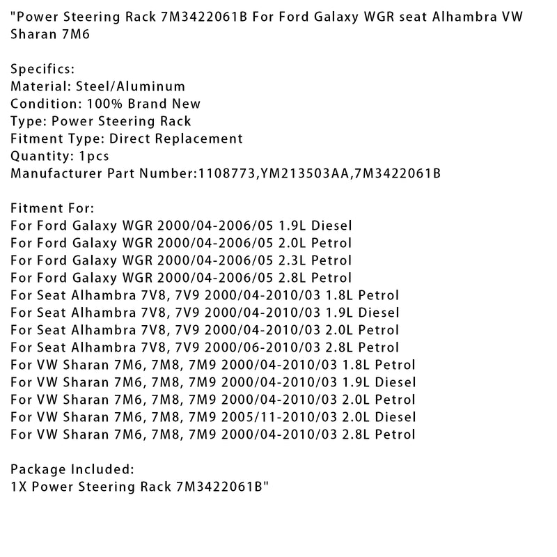 Power Steering Rack 7M3422061B For Ford Galaxy WGR seat Alhambra VW Sharan 7M6