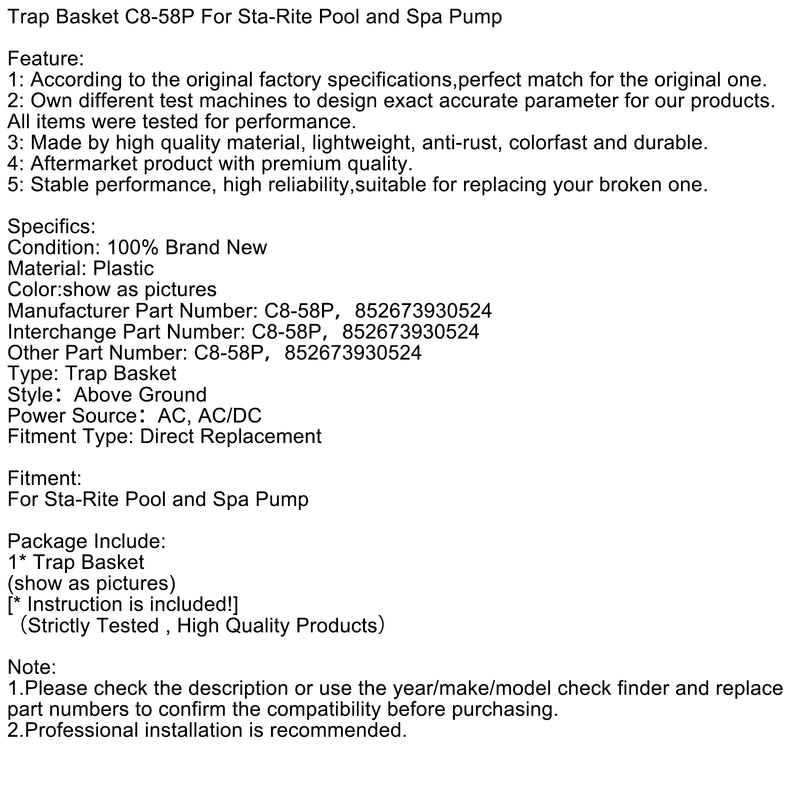 Trap Basket C8-58P For Sta-Rite Pool and Spa Pump