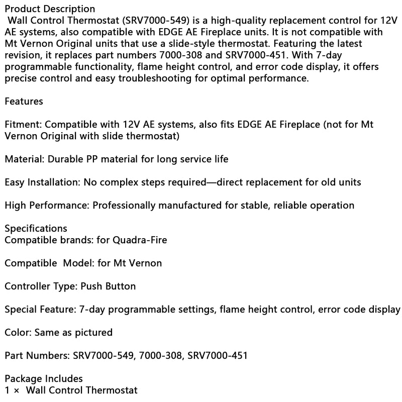 SRV7000-549 Wall Control Thermostat Compatible with QuadraFire MT Vernon AE