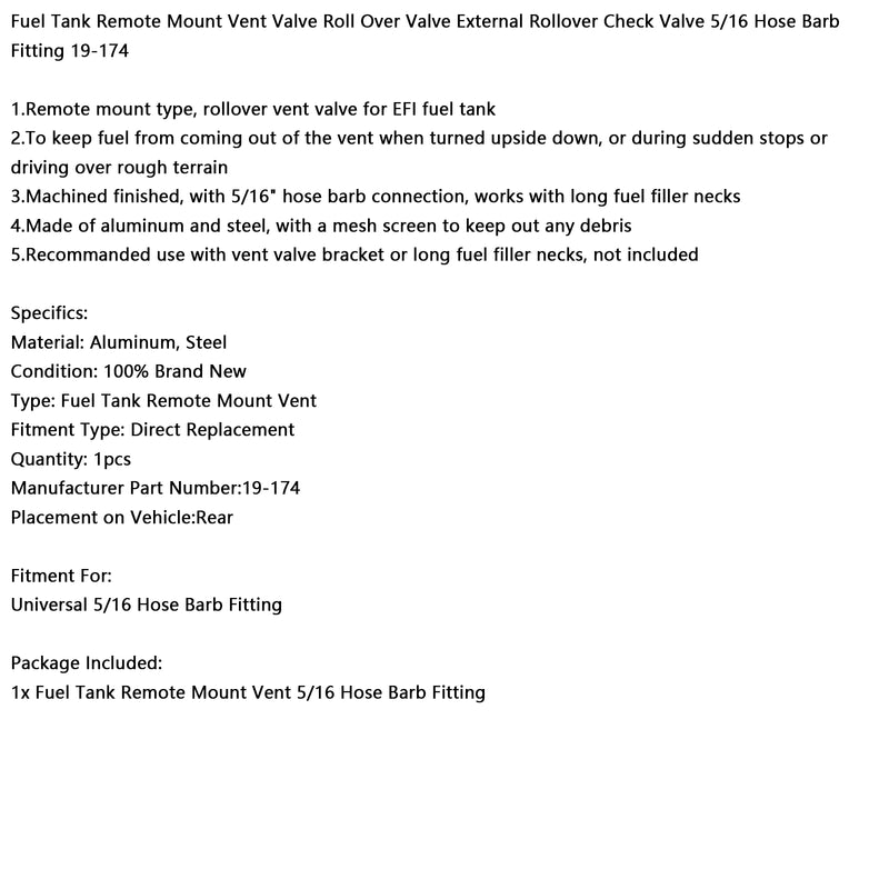 Fuel Tank Vent External Rollover Check Valve 5/16 Hose Barb Fitting 19-174