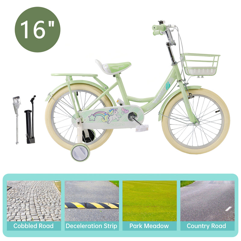 16" Child Bicycle Girls Bike with auxiliary wheels & Rack & Basket Green