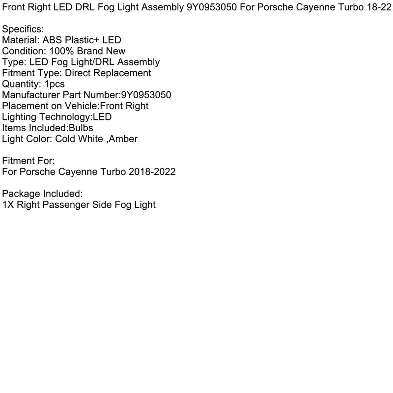 Front Right LED DRL Fog Light Assembly 9Y0953050 For Porsche Cayenne Turbo 18-22