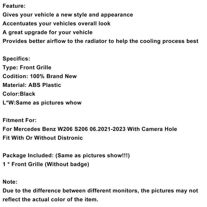 GTR Style Front Bumper Grille Grill fit Mercedes Benz W206 2022-2023 W/Camera