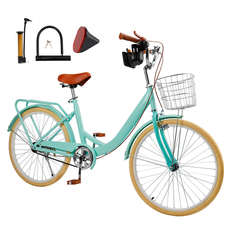 24 inch Women City Bicycle Beach Cruiser Bike with Basket & Rack Green