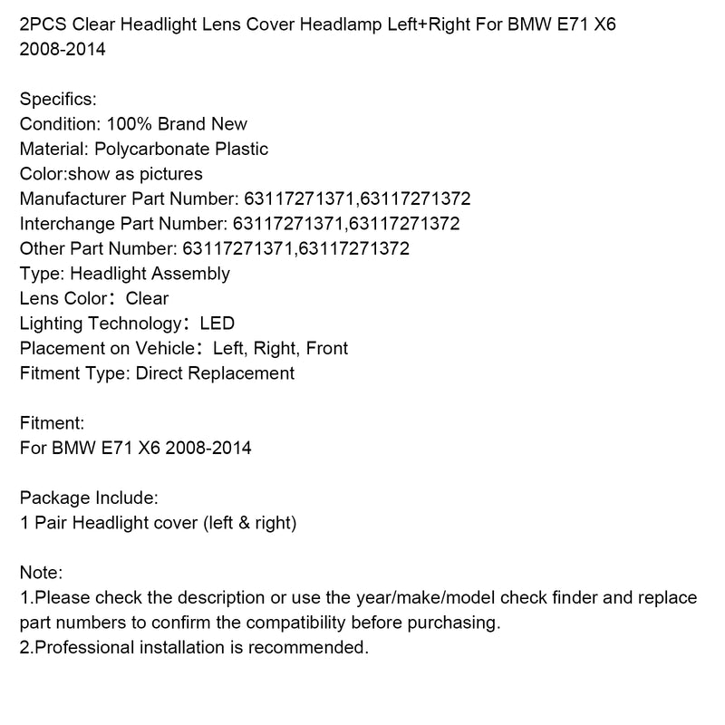 2PCS Clear Headlight Lens Cover Headlamp Left+Right For BMW E71 X6 2008-2014