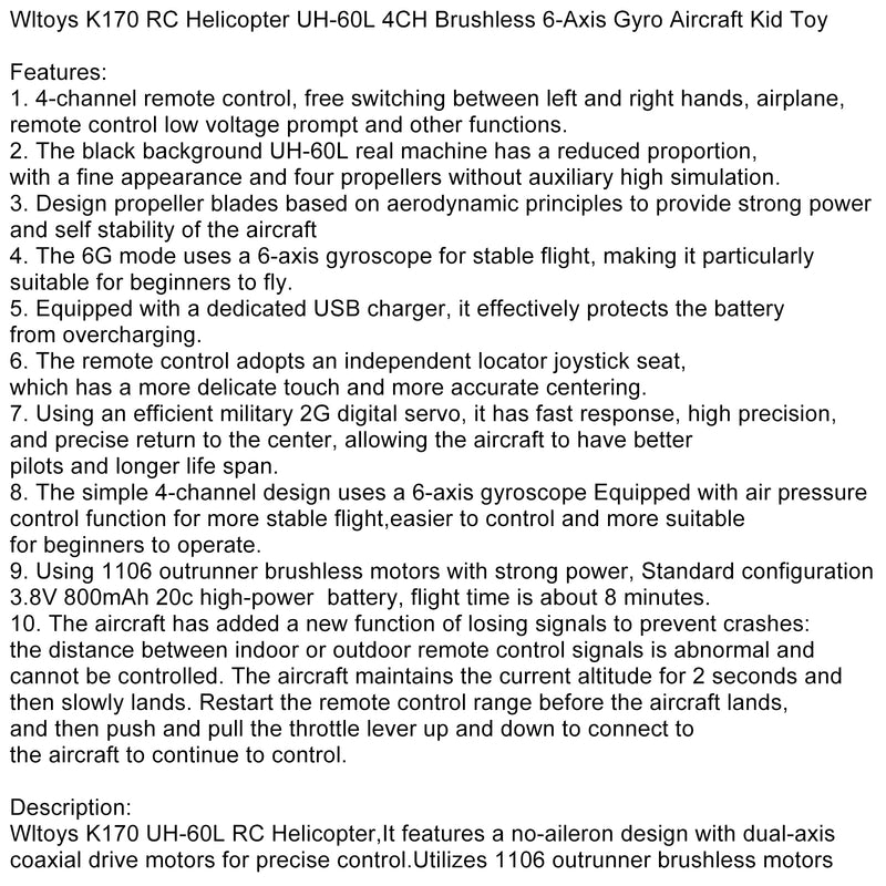 Wltoys K170 RC Helicopter UH-60L 4CH Brushless 6-Axis Gyro Aircraft Kid Toy