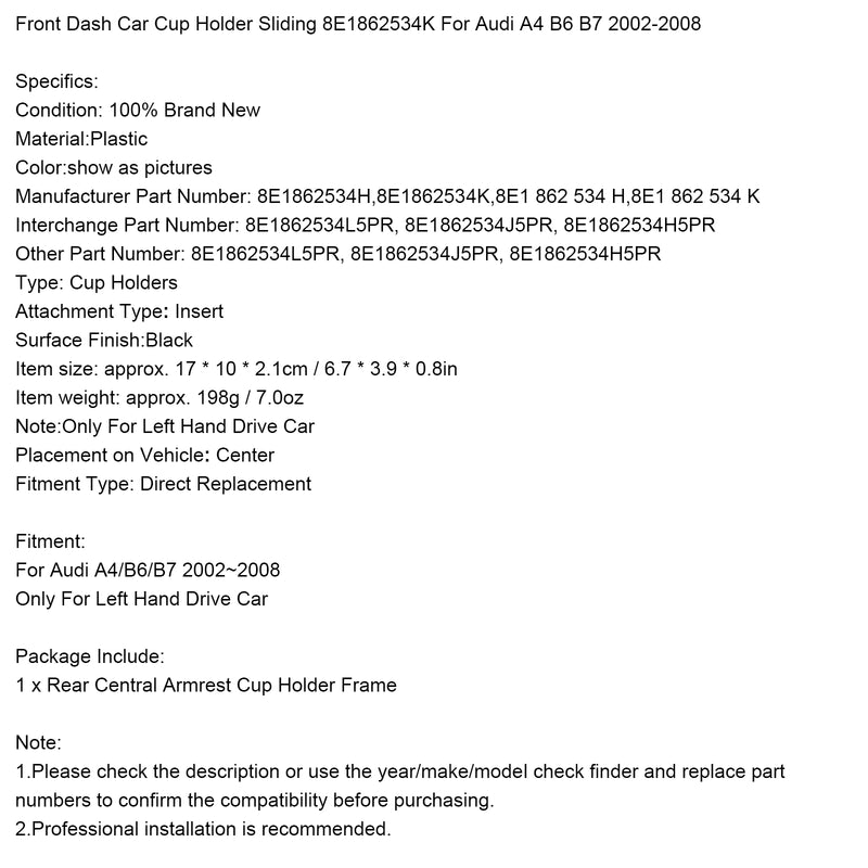 Front Dash Car Cup Holder Sliding 8E1862534K For Audi A4 B6 B7 2002-2008