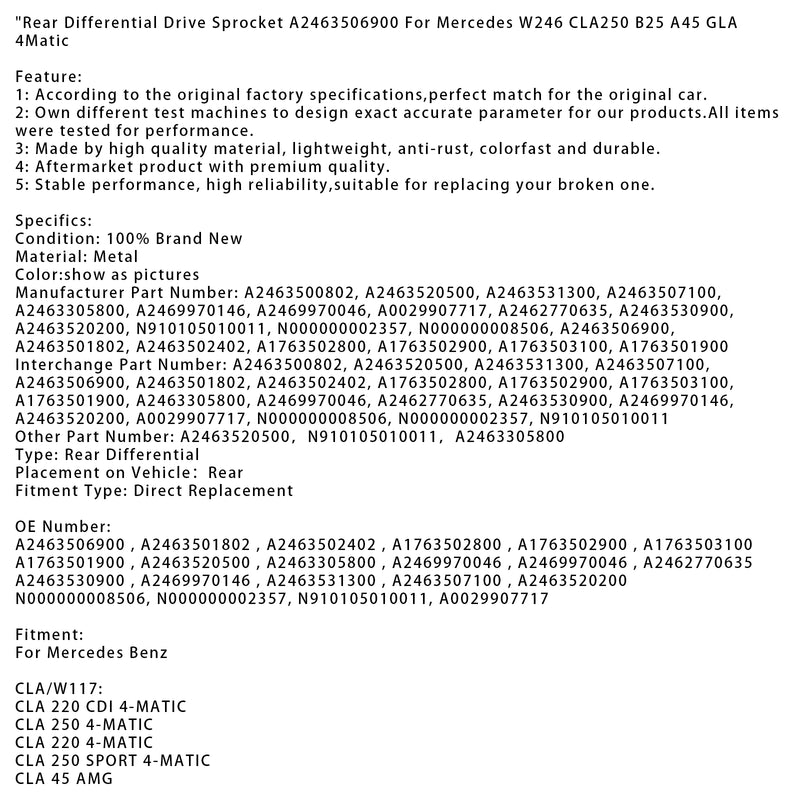 Rear Differential Drive Sprocket A2463506900 For Mercedes W246 CLA250 B25 A45