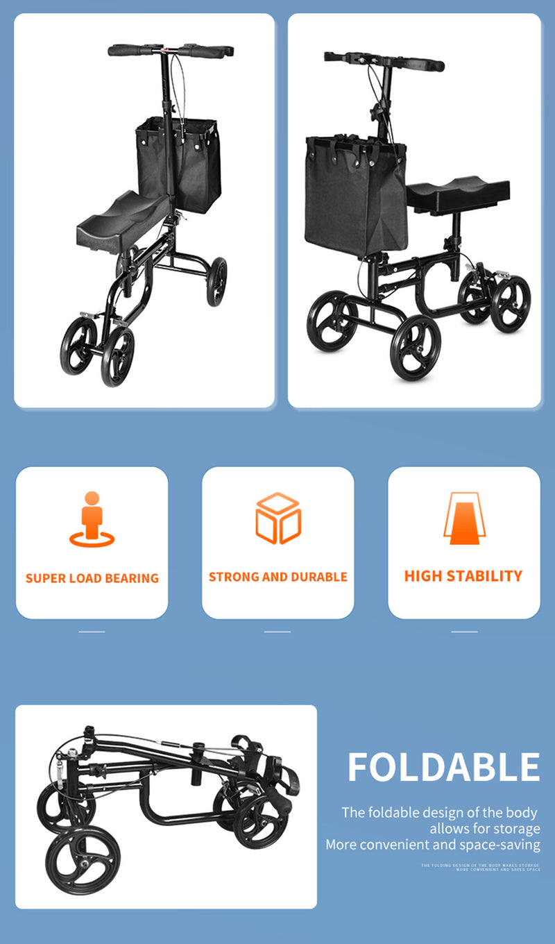 Foldable Knee Scooter Steerable Leg Walker W/Basket Adjusted Height Walking Aid
