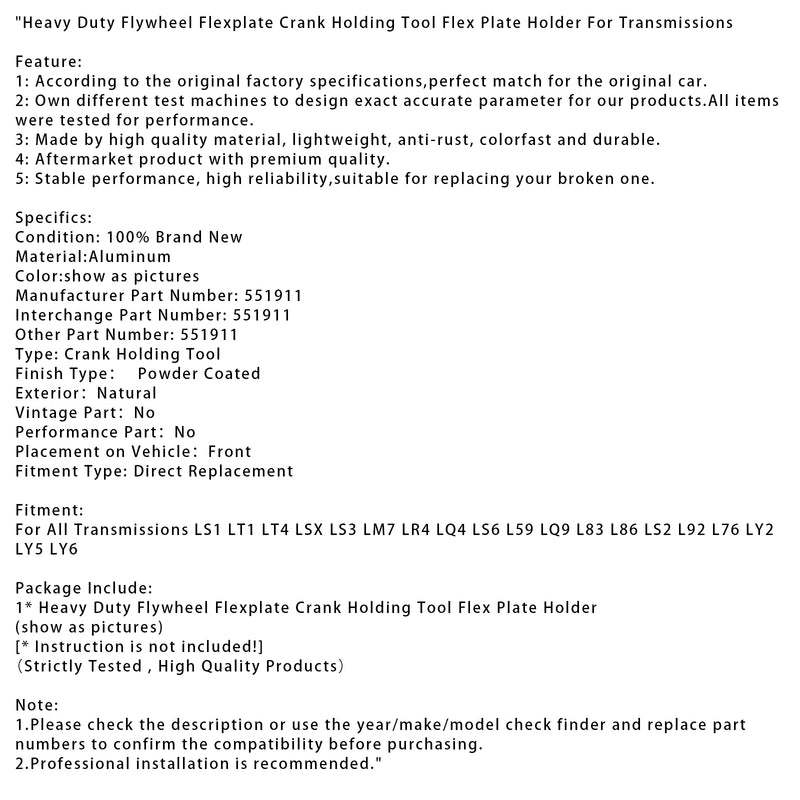 Heavy Duty Flywheel Flexplate Crank Holding Tool Flex Plate Holder 551911 Flywheel Flexplate Holding Tool 551911 For LS1 & LT 4.8 5.3 5.7 6.0 6.2 LS