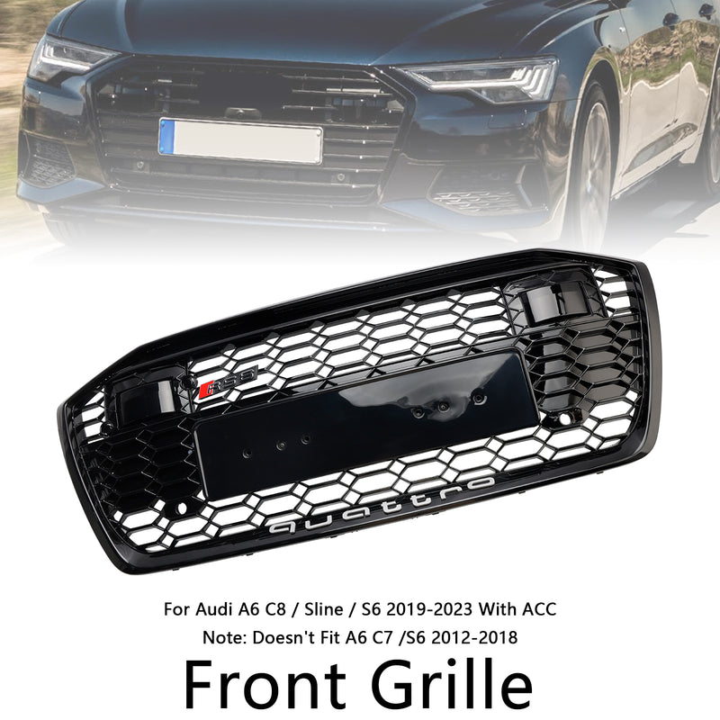 RS6 Style Honeycomb Mesh Front Grill Grille Fit Audi A6 S6 2019-2023 W/ACC