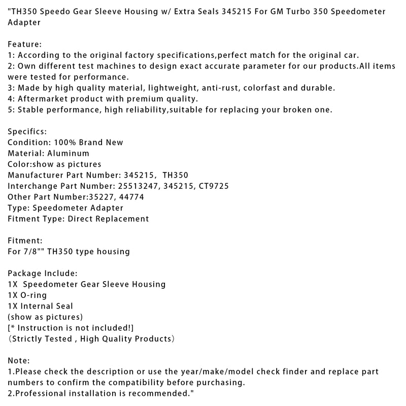 TH350 Speedo Gear Sleeve Housing w/ Extra Seals 345215 For GM Turbo 350