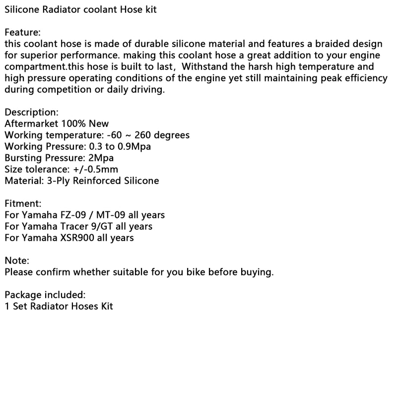 Silicone Radiator coolant Hose For Yamaha MT-09 XSR900 Tracer 9/GT all years