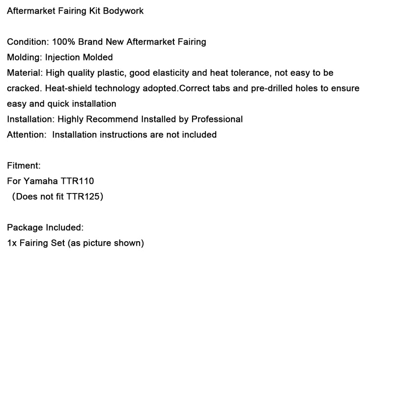 Body Plastic Kit Fender Fairing For Yamaha TTR110 DIRT BIKE