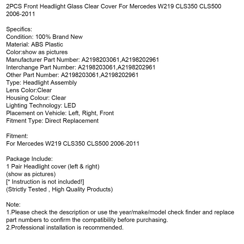 2PCS Front Headlight Glass Clear Cover For Mercedes W219 CLS350 CLS500 06-11