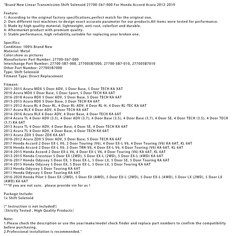 Brand New Linear Transmission Shift Solenoid 27700-5b7-000 For Honda Accord
