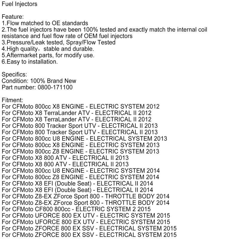 2PCS 0800-171100 Fuel Injector For CFMOTO X8 800 CForce UForce Zforce 800-EX 12-19
