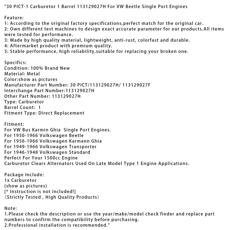 30 PICT-1 Carburetor 1 Barrel 113129027H For VW Beetle Single Port Engines