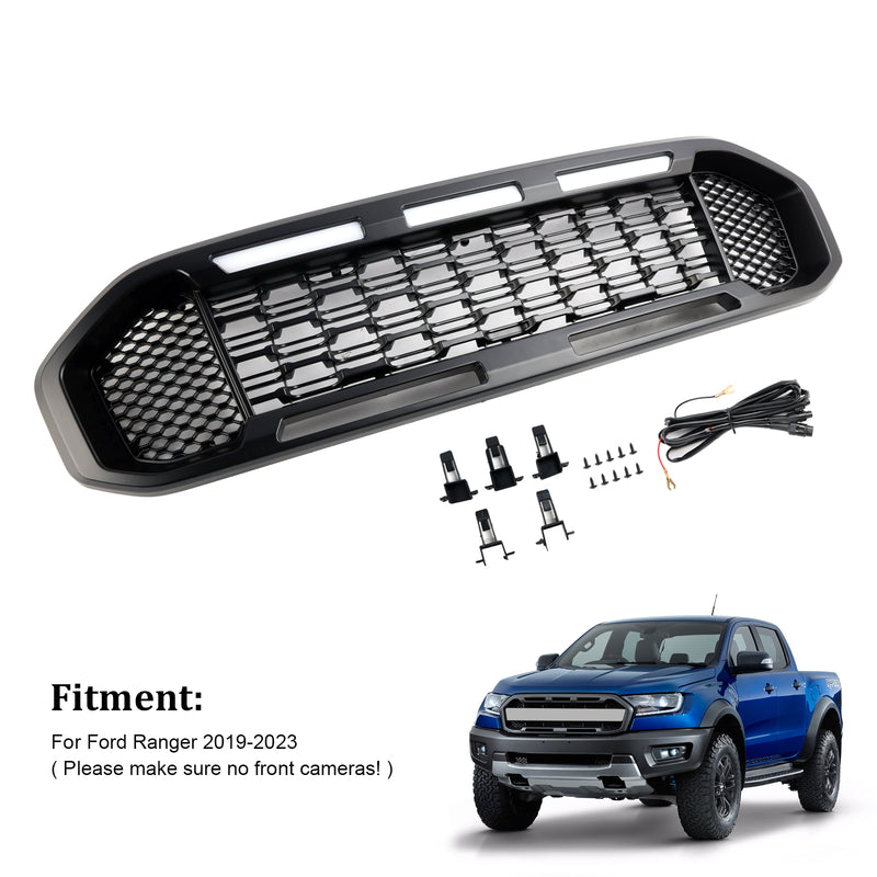 Black Front Bumper Grill Grille Fit Ford Ranger T8 2019-2023 W/LED Light