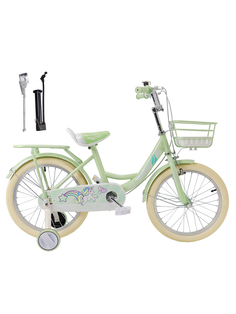 18" Child Bicycle Girls Bike with auxiliary wheels & Rack & Basket Green