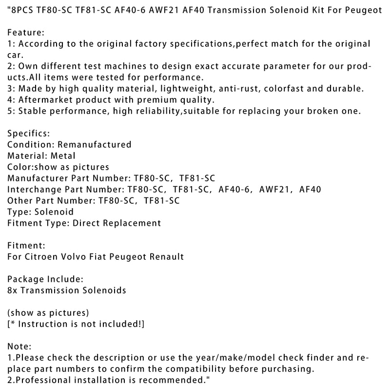 8PCS TF80-SC TF81-SC AF40-6 AWF21 AF40Transmission Solenoid Kit For Peugeot