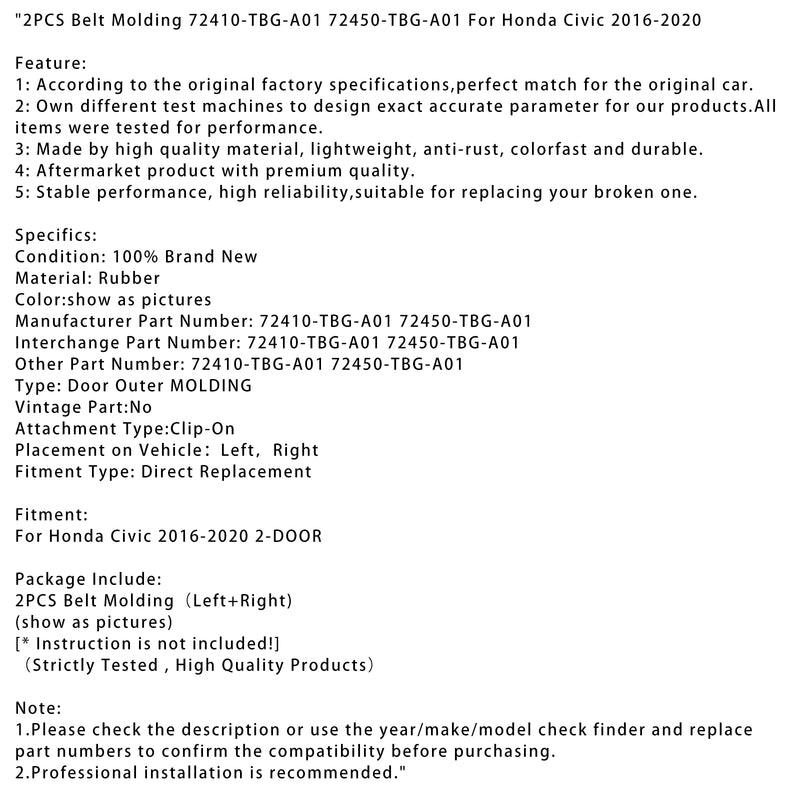 2PCS Belt Molding 72410-TBG-A01 72450-TBG-A01 For Honda Civic 2016-2020