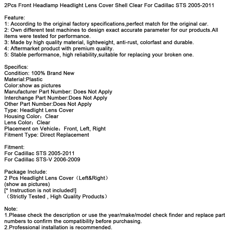 2Pcs Front Headlight Lens Cover Shell Clear For Cadillac STS 2005-2011