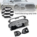 Front Bumper Grille Honeycomb Grill & Fog Light Cover Fit Audi Q5 2021-2025