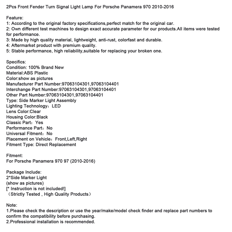 2Pcs Front Fender Turn Signal Light Lamp For Porsche Panamera 970 2010-2016