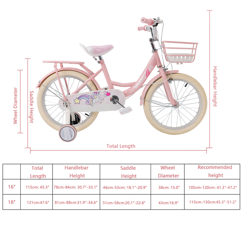 16" Child Bicycle Girls Bike with auxiliary wheels & Rack & Basket Pink