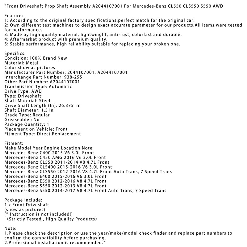 Front Driveshaft Prop Shaft Assembly For Mercedes-Benz CL550 CLS550 S550 AWD