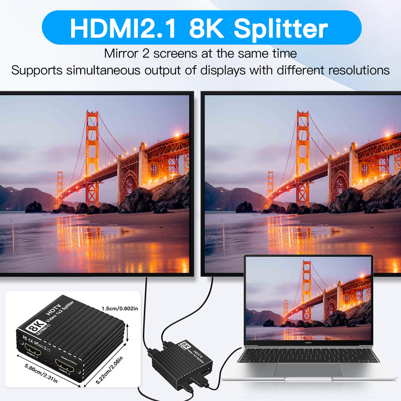 8K HDMI 1 to 2 Splitter HD2.1 8K60hz/4K120hz/1080P240hz w EDID 1 Input 2 Output