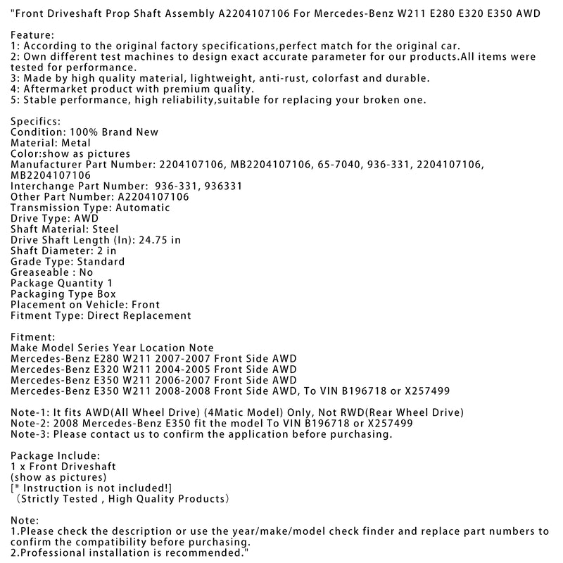 Front Driveshaft Prop Shaft Assembly For Mercedes-Benz W211 E280 E320 E350 AWD