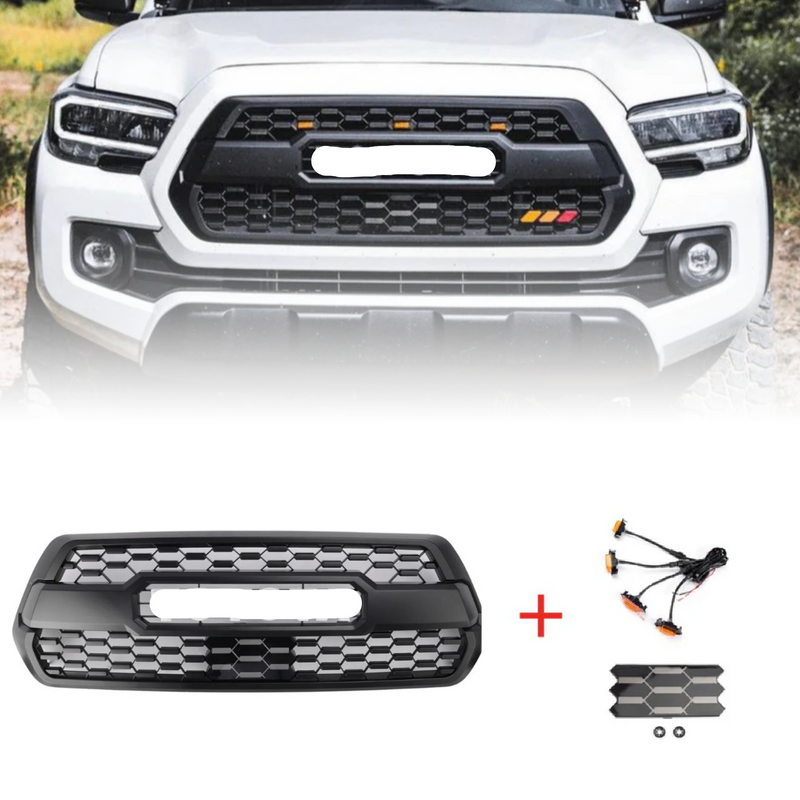 Tacoma TRD Pro 2016-2023 Grill Replacement Grille + ACC DRCC Garnish Sensor Cover + LED Lights + Grey / Red / White Letter