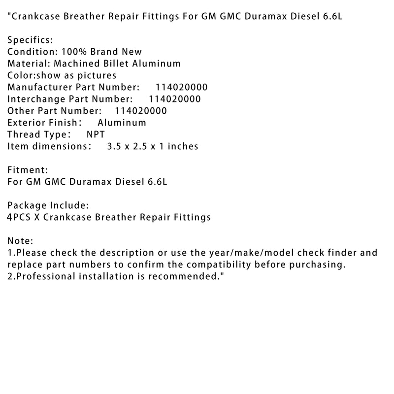 4x Crankcase Breather Repair Fittings For GM GMC Duramax Diesel 6.6L