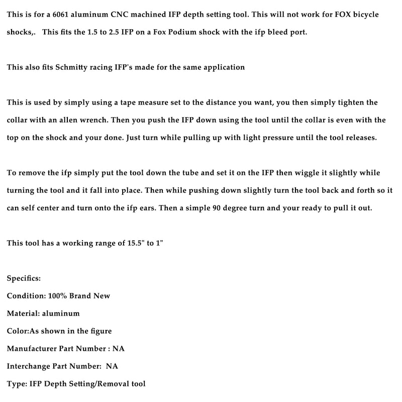 Adjustable IFP Depth Setting/Removal tool For Fox Podium 2.0 shock RZR Turbo X3