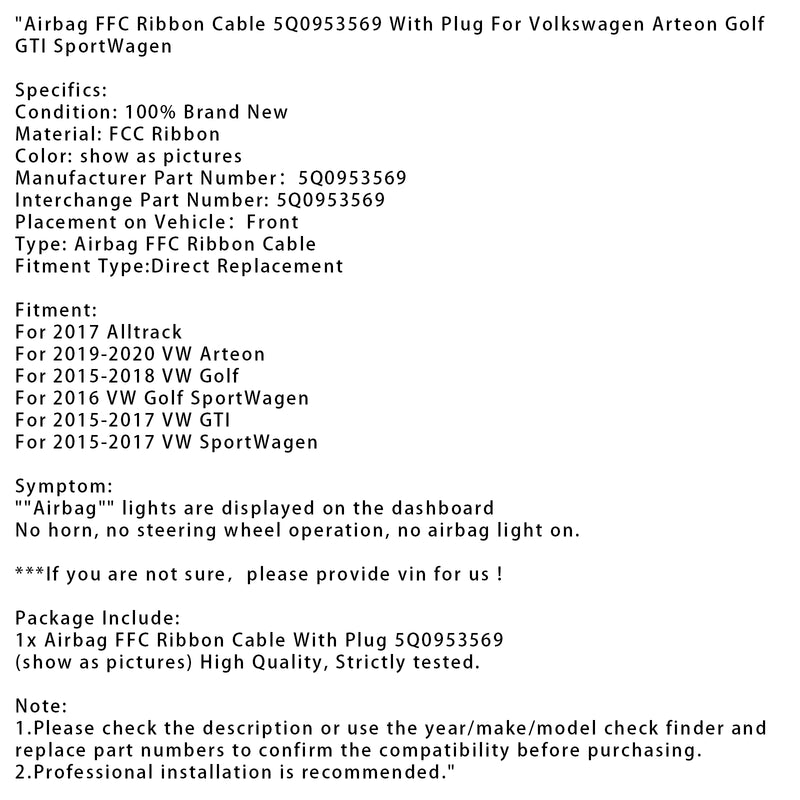 Airbag FFC Ribbon Cable 5Q0953569 For Volkswagen Arteon Golf GTI SportWagen