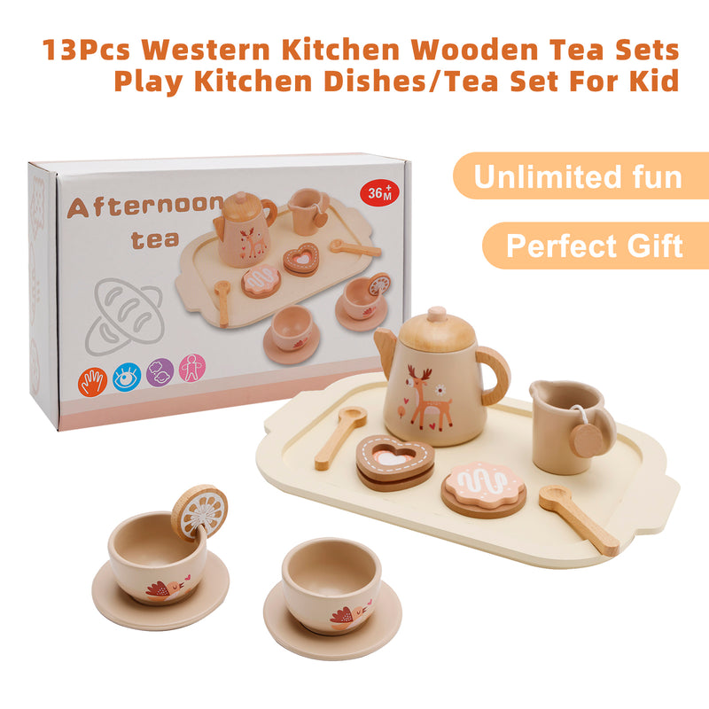 13Pcs Western Kitchen Wooden Tea Sets Play Kitchen Dishes/Tea Set For Kid