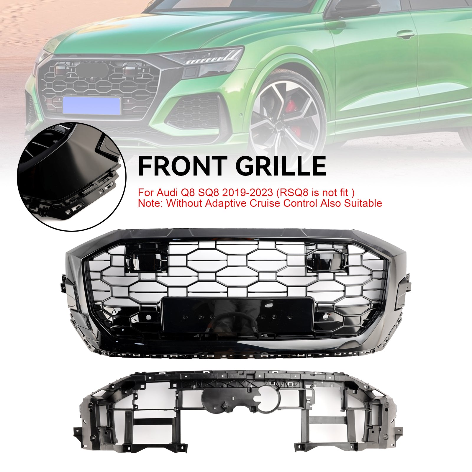 Black Honeycomb Mesh Front Grille For Audi Q8/SQ8 (2019-2023) - RSQ8 Style, ABS Plastic, Direct Fit