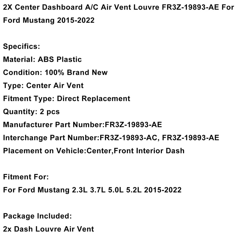 2X Center Dashboard A/C Air Vent Louvre FR3Z-19893-AE For Ford Mustang 2015-2022