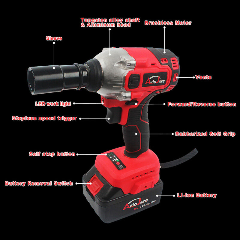 Brushless Impact Wrench Torque Rattle Gun Electric Ratchet w/battery 1/2" 21V
