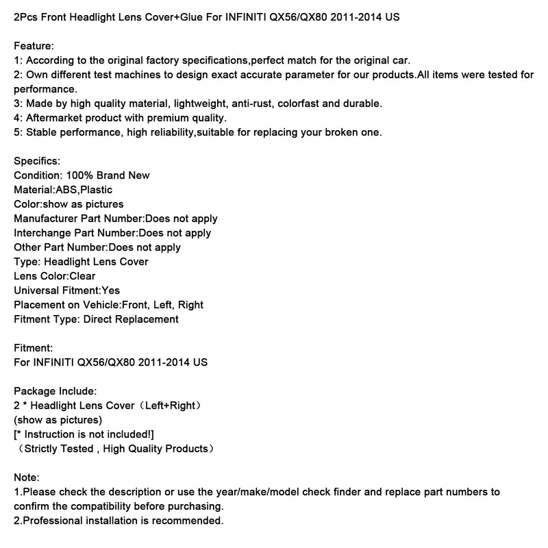 2Pcs Front Headlight Lens Cover For INFINITI QX56/QX80 2011-2014 US